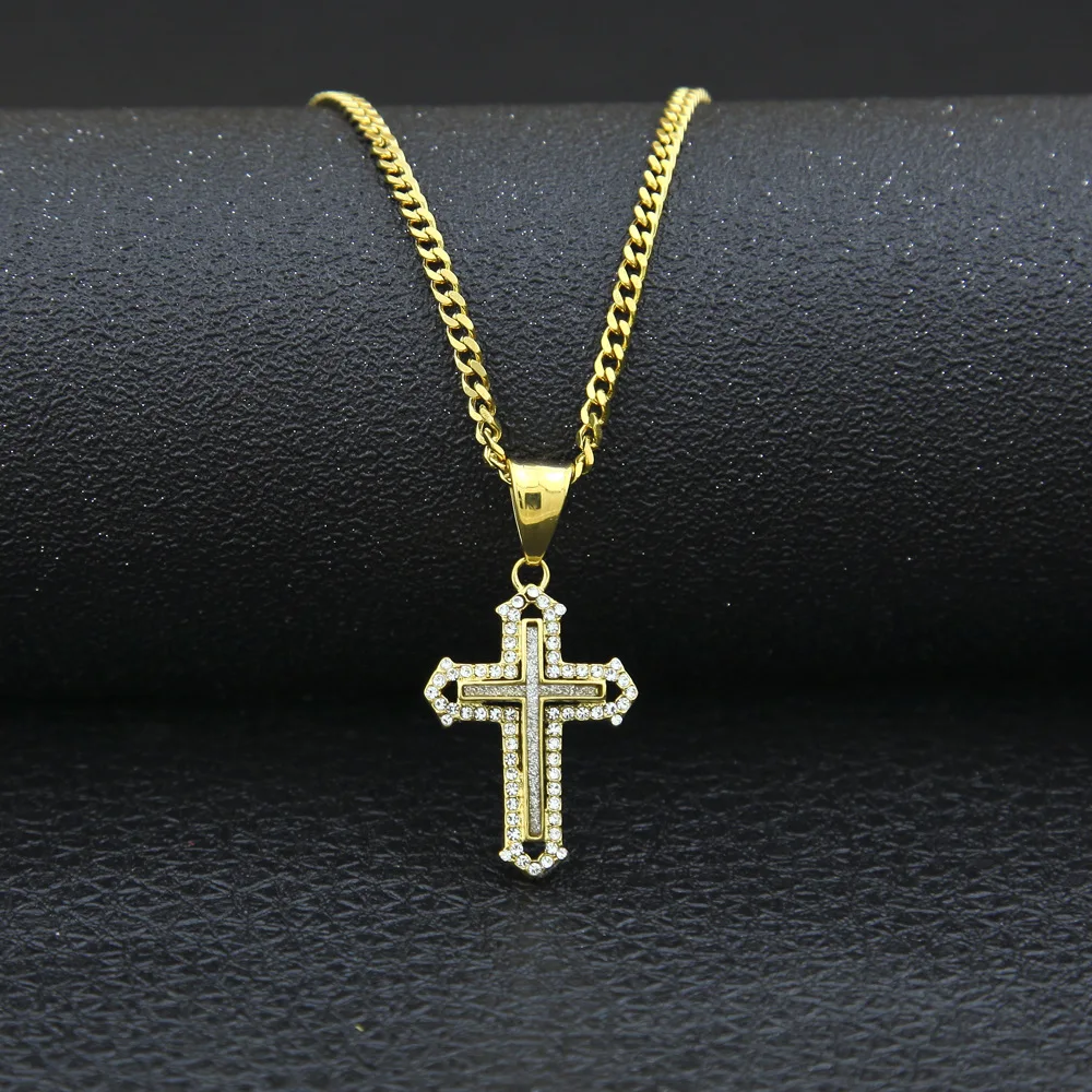 

Personality Petite Bling Bling Rhinestone Jesus Cross Pendant Necklace Shiny Crystal Gold Hip Hop Men's Jewelry Necklace