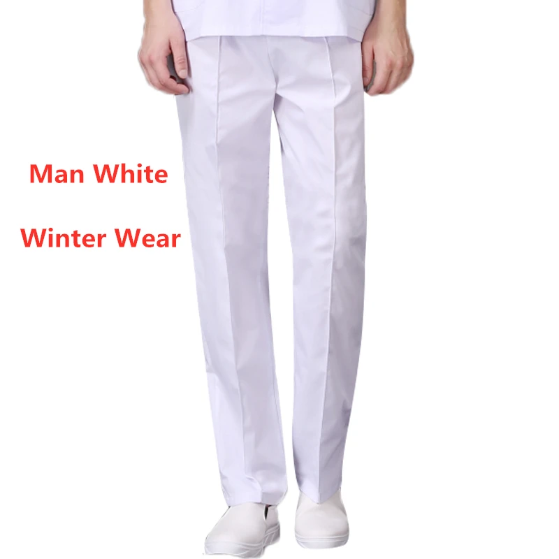 Man White Winter Спецодежда медицинская Женская эластичная талия Больничная медсестра брюки хлопок зубные Скраб штаны для спа лето зима доктор уход низ - Цвет: Man White Winter