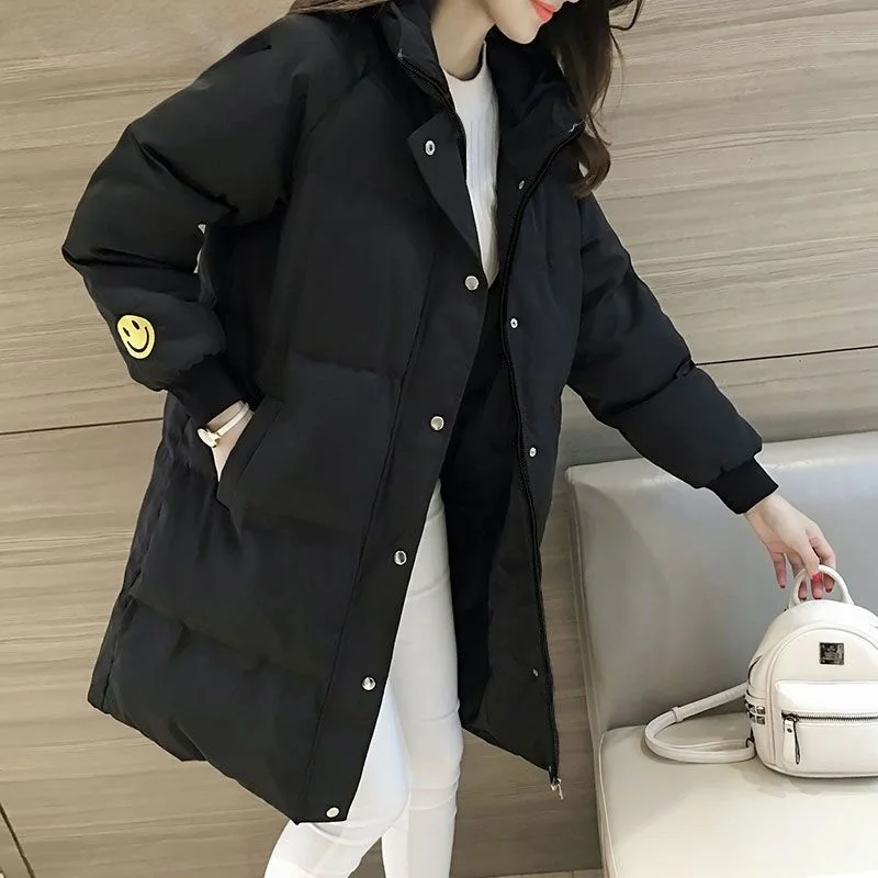 

Женские пальто с капюшоном, хлопковая Женская длинная парка, куртка средней длины, модная зимняя толстая пуховая хлопковая одежда со смайли...
