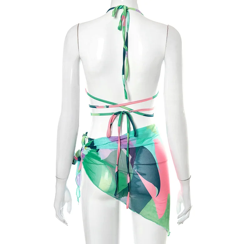 

Green Print Sexy Bandage Leisure Suit Women Summer 2021 Sleeveless Halter Backless V Neck Hollow Out Mini Three Piece Skirt Set