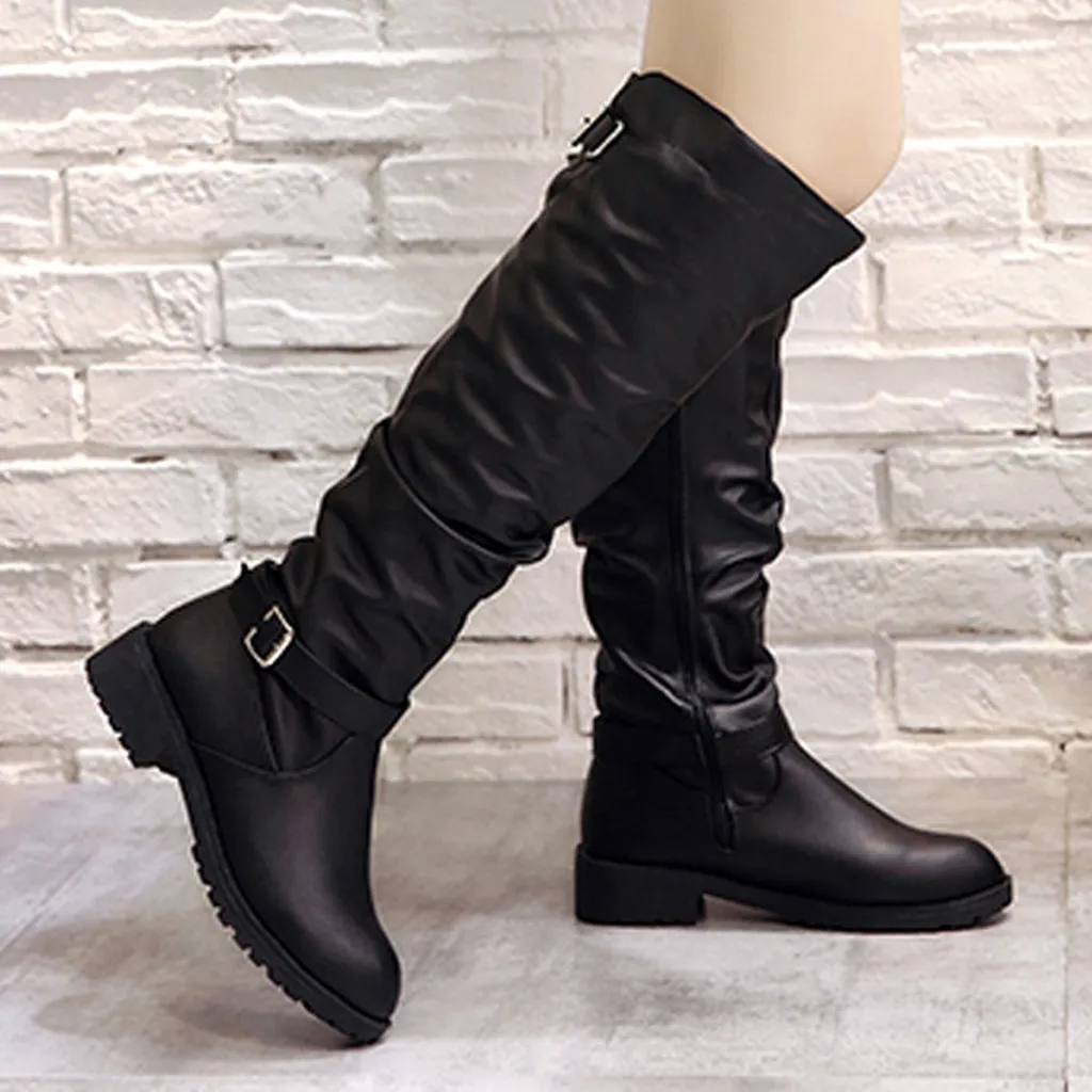 

women's boots winter and autumn genuine PU Women Zipper Square Heel Solid Color High Boots Knee-High Shoes Round Toe Boots