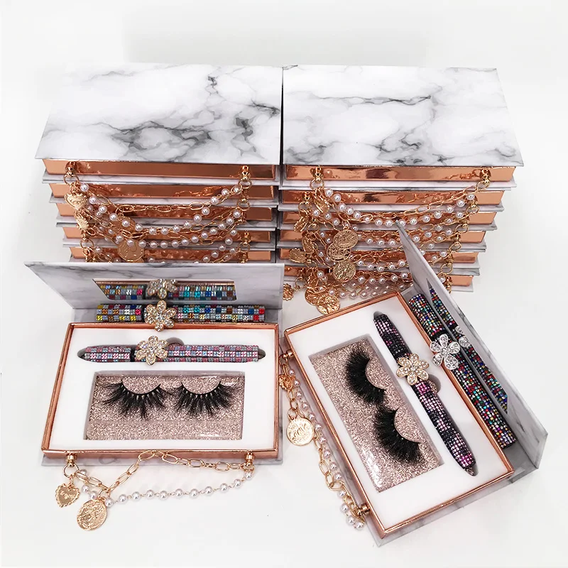 

Marble Design Lash Box Empty 25mm Mink Eyelashes Handbag Chain Eyelash Case with Lash Glue