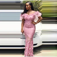 aso ebi prom dresses long pink sheer mermaid off the shoulder flowers appliques sweetheart black girls evening party gowns