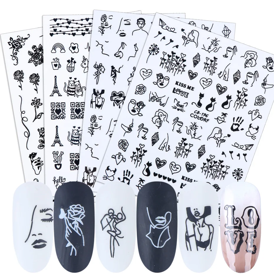 Наклейки для ногтей 3D дневные наклейки черное лицо цветок розы буквы слайдеры