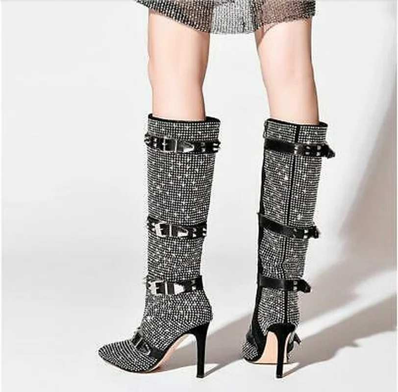 Ladiesn Stilettos High Heel Ankle/knee Thigh Boots Studded Rhinestones Shoes Crystal Womens Genuine Leather Belt Buckle Sz | Обувь