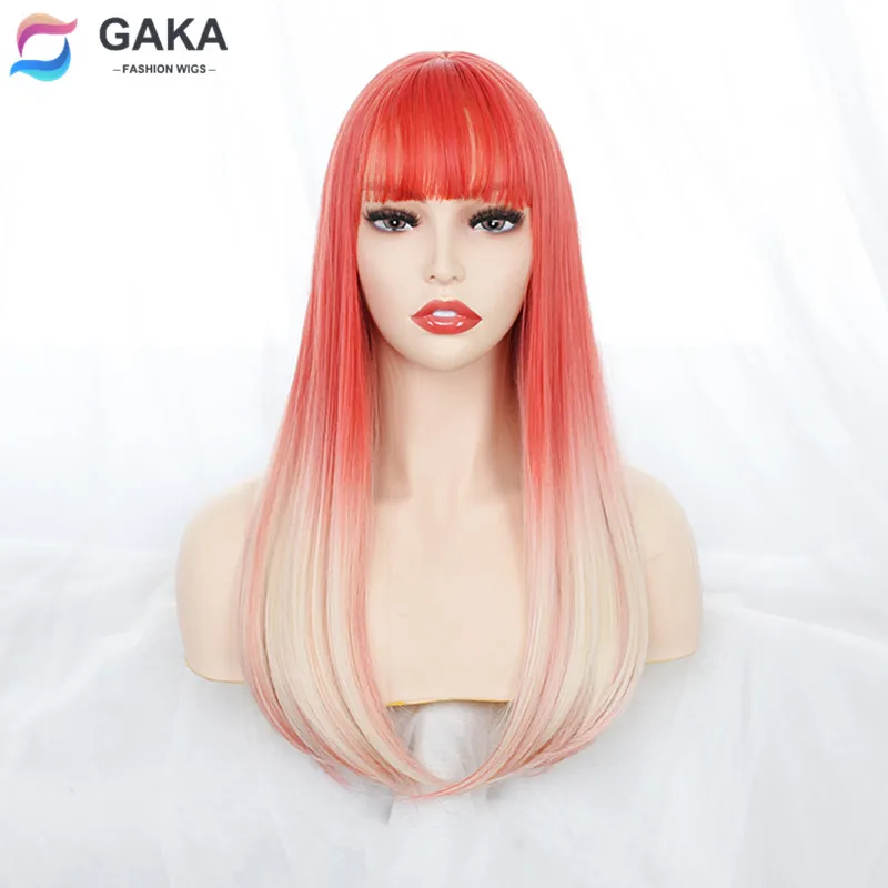 

GAKA Peach Pink Beige Ombre Synthetic Long Straight Wigs for White Women Natural Cute Cosplay Party Hair Lisa Wig with Bangs