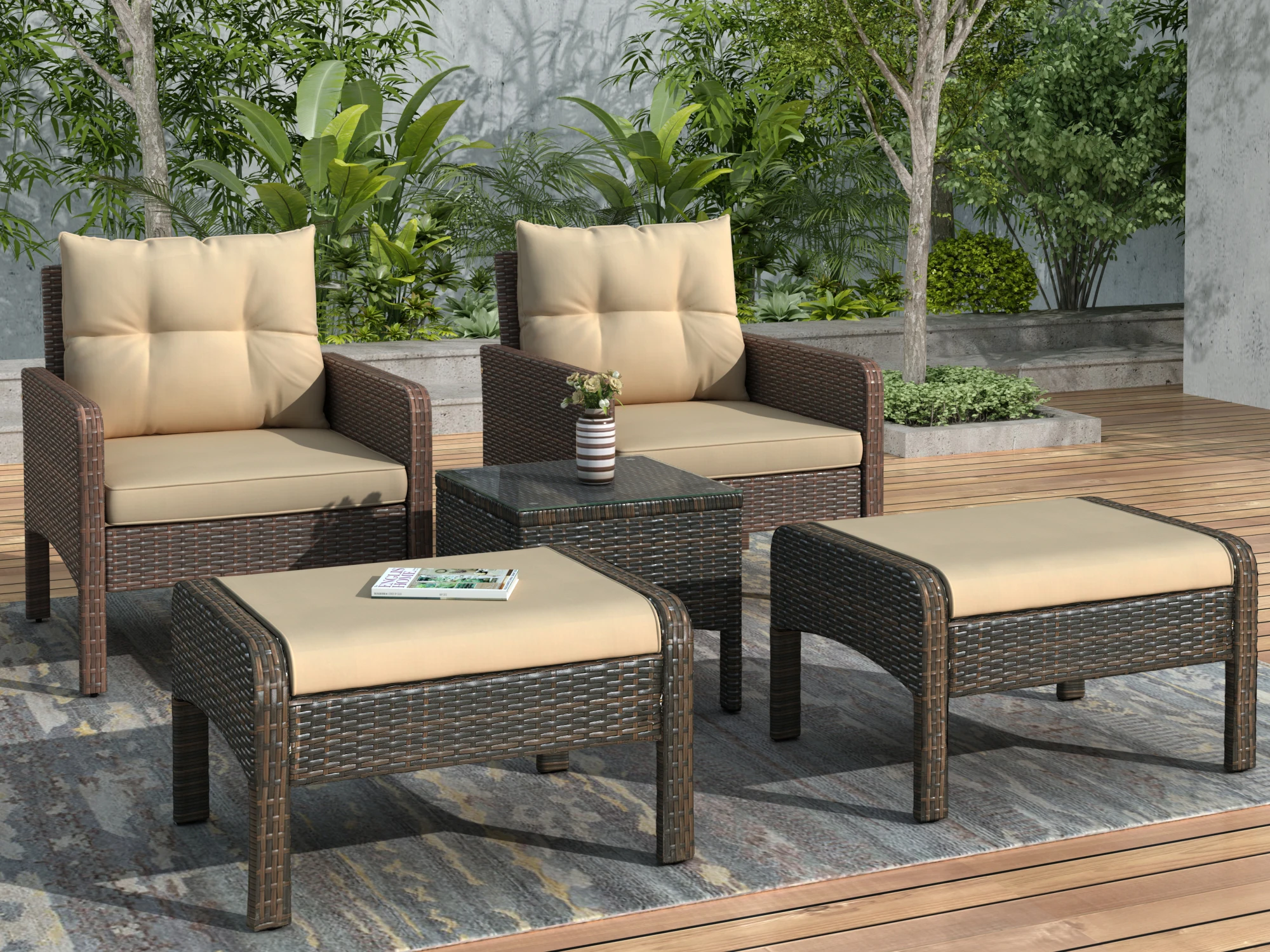 

5-Piece PE Rattan Wicker Outdoor Patio Furniture Set Brown Include 2 Sofa Chair+2 Footstool+1 Glass Table[US-Stock]