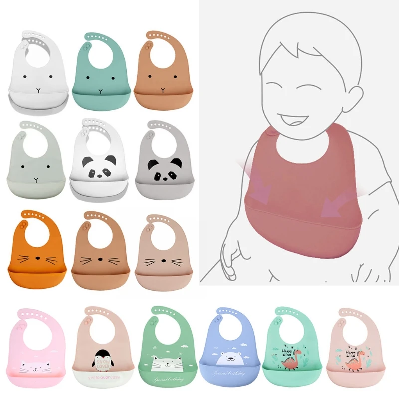 

Cartoon Waterproof Soft Silicone Baby Bibs Adjustable Toddler Feeding Food Catcher Roll up Pocket Feeding Stuff Apron for