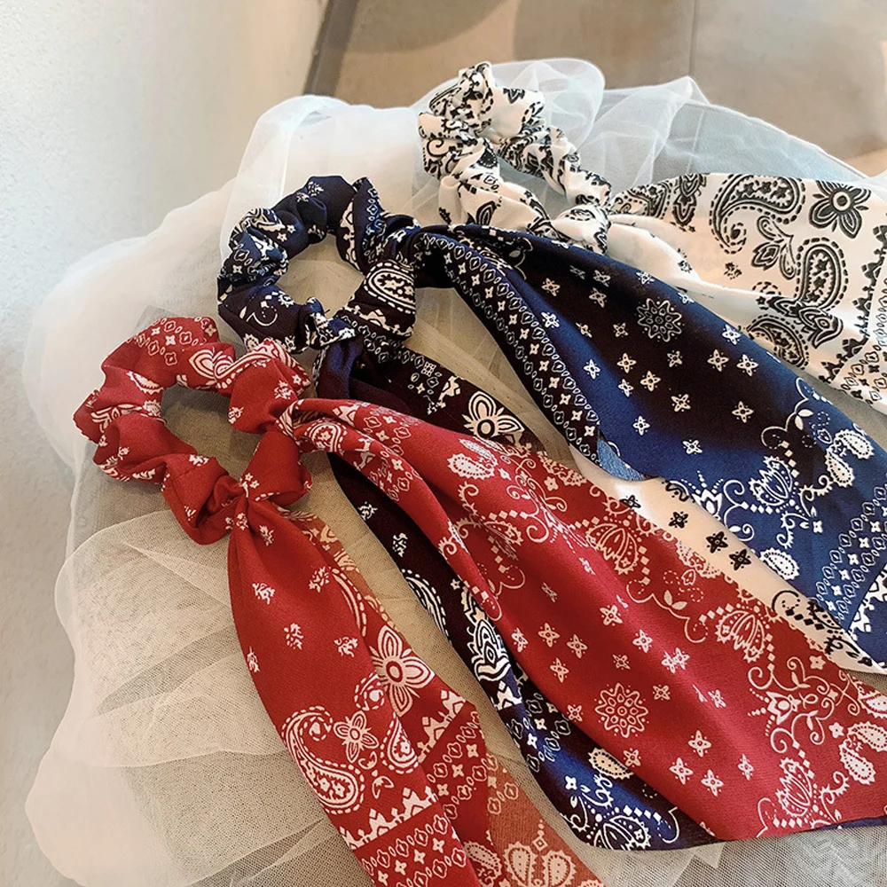 

Модные Цветочный принт Scrunchies однотонные длинные волосы ленты для Женский хвостик шарф Милая резинка для волос аксессуары для волос