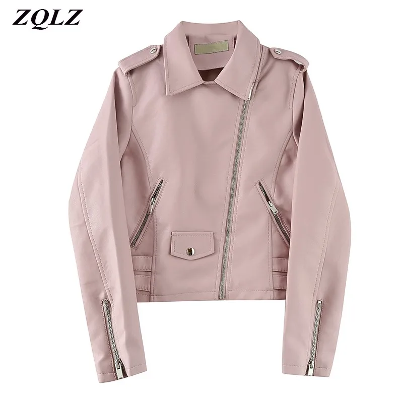 

ZQLZ Biker Motorcycle Leather Jacket Woman 2021 Slim Casual Black Pink Overcoat Spring Autumn Short Coats Female Pu Coat Women