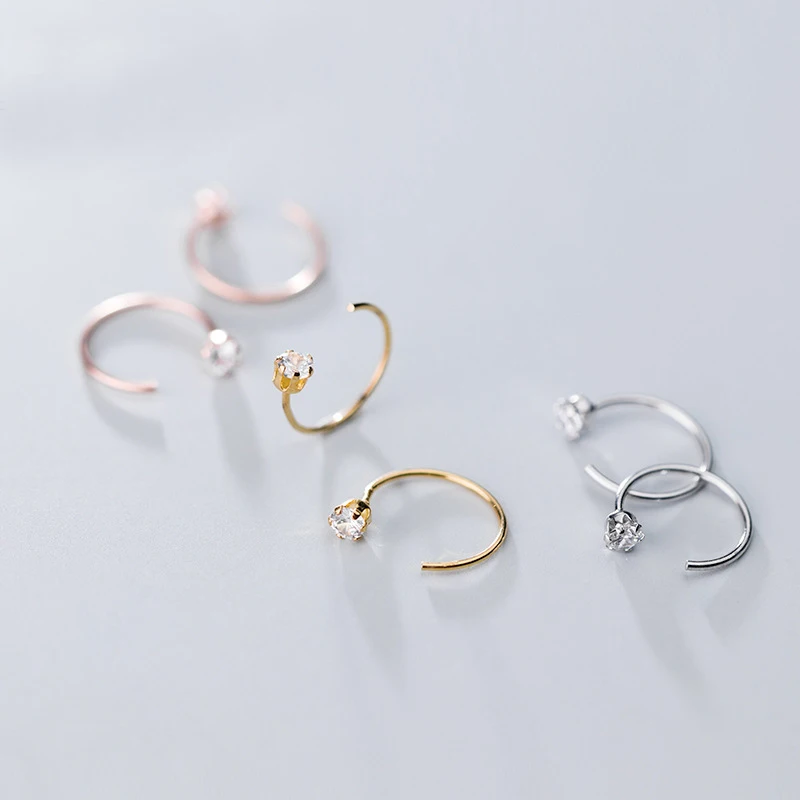 

Real 925 Sterling Silver Zircon C Shape Hoop Earrings Simple Huggie Hoops for Women Girls