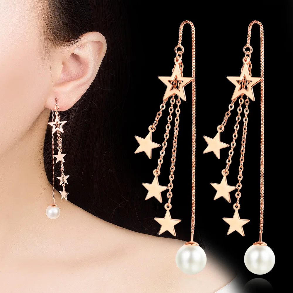 

2020 best-selling simple fashion Korean version of tassel five-pointed star pearl rose gold long earrings