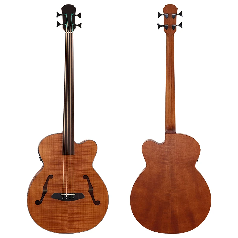 43 дюймов Jumbo бас акустическая гитара F отверстие полный пламя дуб fretless 4 строки Бас