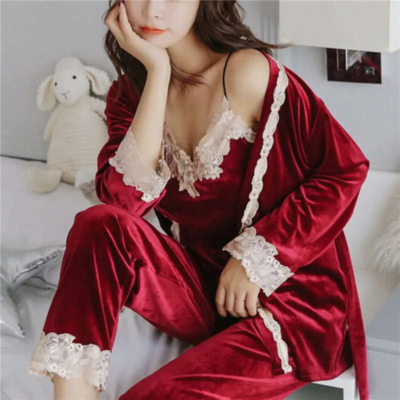 

Autumn Winter Warm Pajamas Set Women Sleep Set Deep Gold Velvet Sexy Homewear Sleepwear Pajama Sets Long Pant Robe Nightdress