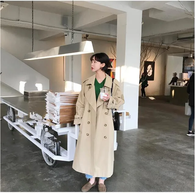 

2020 Autumn Winter Turn-Down Collar Double Buttons Loose Windbreaker Party Coat With Belt Women Casual Solid Color Trench Coat