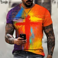 2021 new european and american mens short sleeved cross faith pattern 3d printing street trend fashion casual mens t shirt top