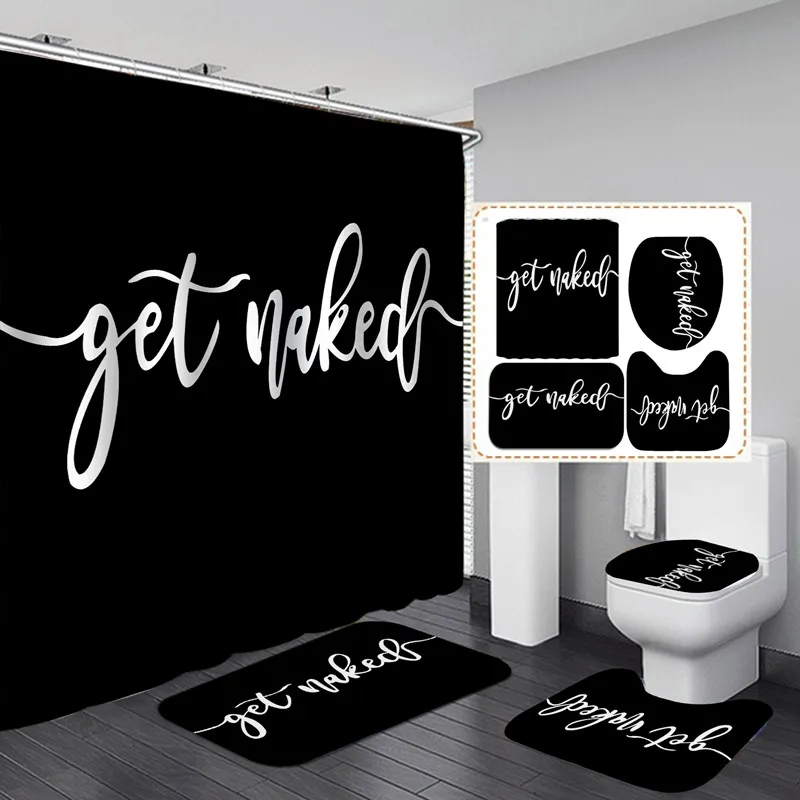

Get Naked Black Polyester Fabric Shower Curtain Non-Slip Bath Mat Toilet Lid Cover Rugs Letter Home Bathroom Decor Set