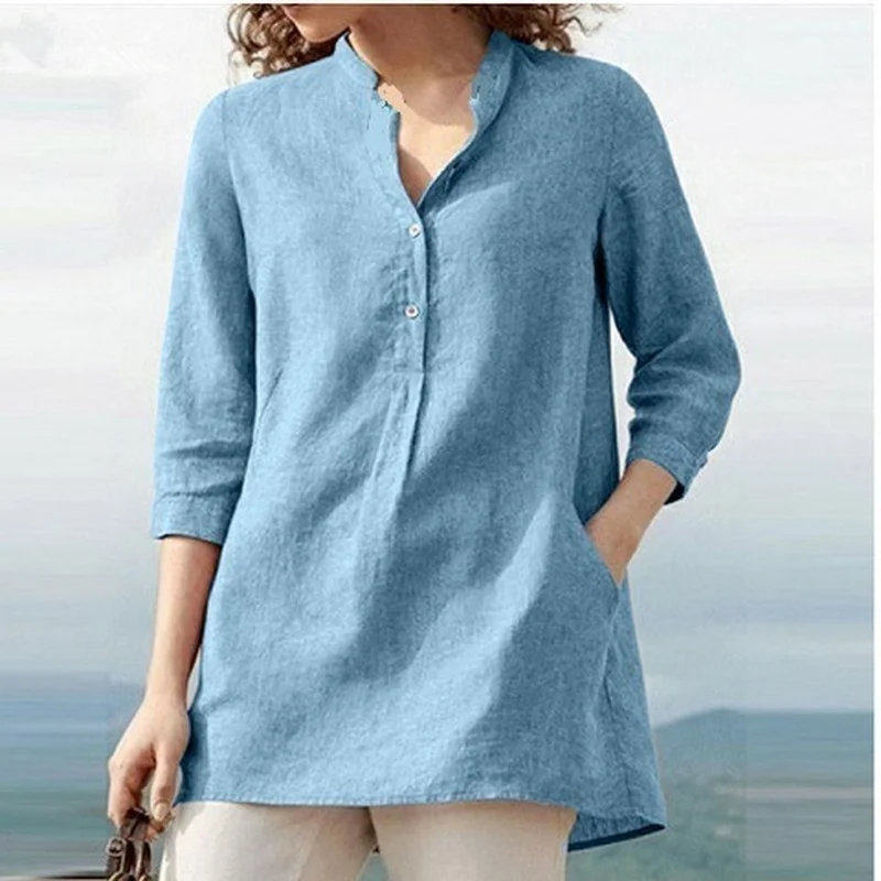 

Button Casual Blouses and Shirts Spring Autumn Half Sleeve Fashion Woman Blouses 2021 V-Neck Solid Women's Shirt Top Female New
