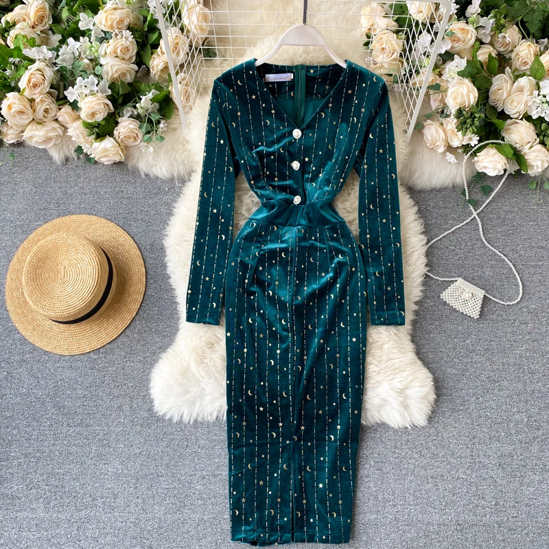 

Autumn Winter Women's Party Bodycon Dress Vintage V-Neck Single Breasted Long Sleeve Velvet Vestidos Female Fall 2021 Fashion