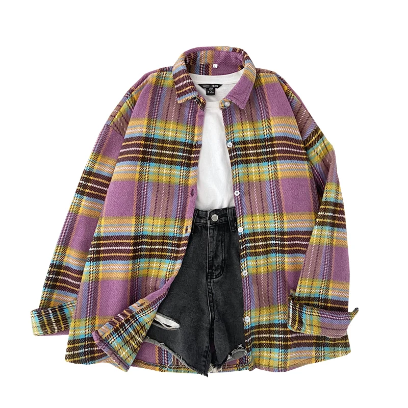 

Duckwaver Female Spring Autumn Street Blouse Shirts Vintage Oversized Plaid Blouses Straight Loose Tunic Casual Shirt for Women