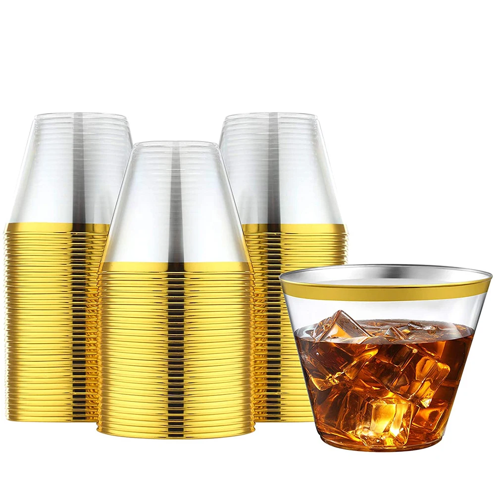

Disposable Transparent Plastic Party cup With 20 Pieces of Gold rim to Prevent Damage Suitable for Wedding Holiday Parties