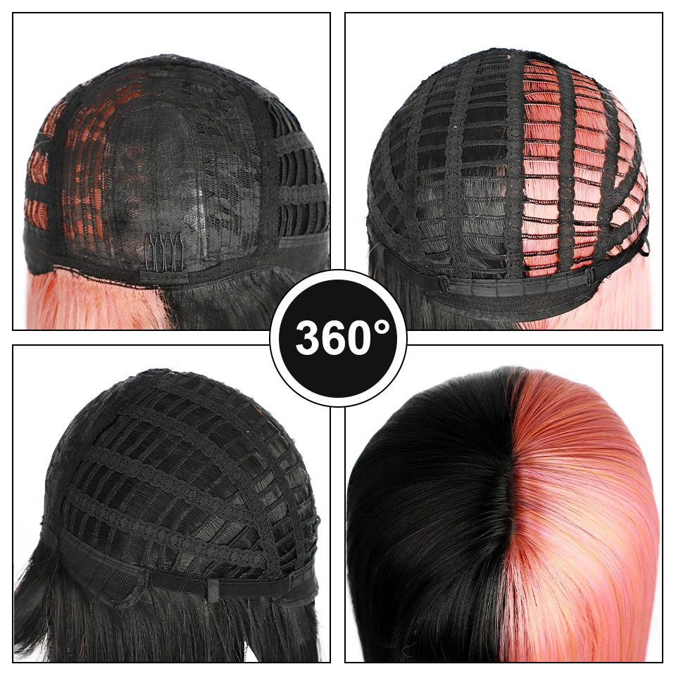 

Vigorous Pink and Black Long Straight Wig Cosplay Halloween Wig Two Tone Ombre Color for Women Synthetic Hair Wigs