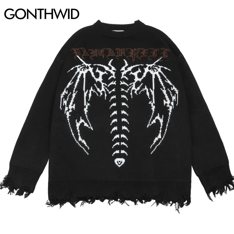 

Hip Hop Gothic Sweater Streetwear 2021 Knitted Skull Letter Grunge Sweater Y2K Mens Harajuku Autumn Fashion Pullover Black Grey