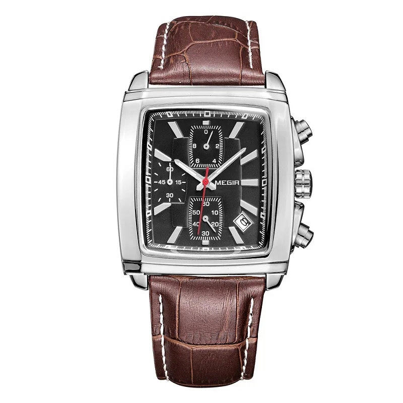 Мужские кварцевые наручные часы MEGIR оригинальные в стиле милитари с кожаным