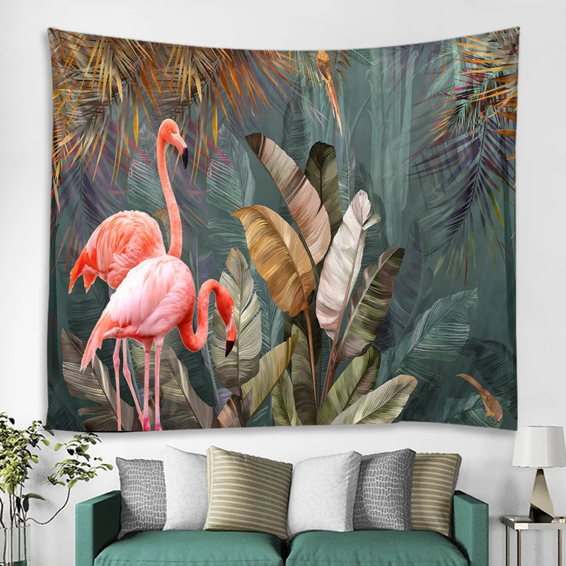 

Flamingo Green plant tapestry Bathroom Hawaii Flower Printing Cactus Succulent Shower Selva Hanging Cloth Home Decor Tapestry
