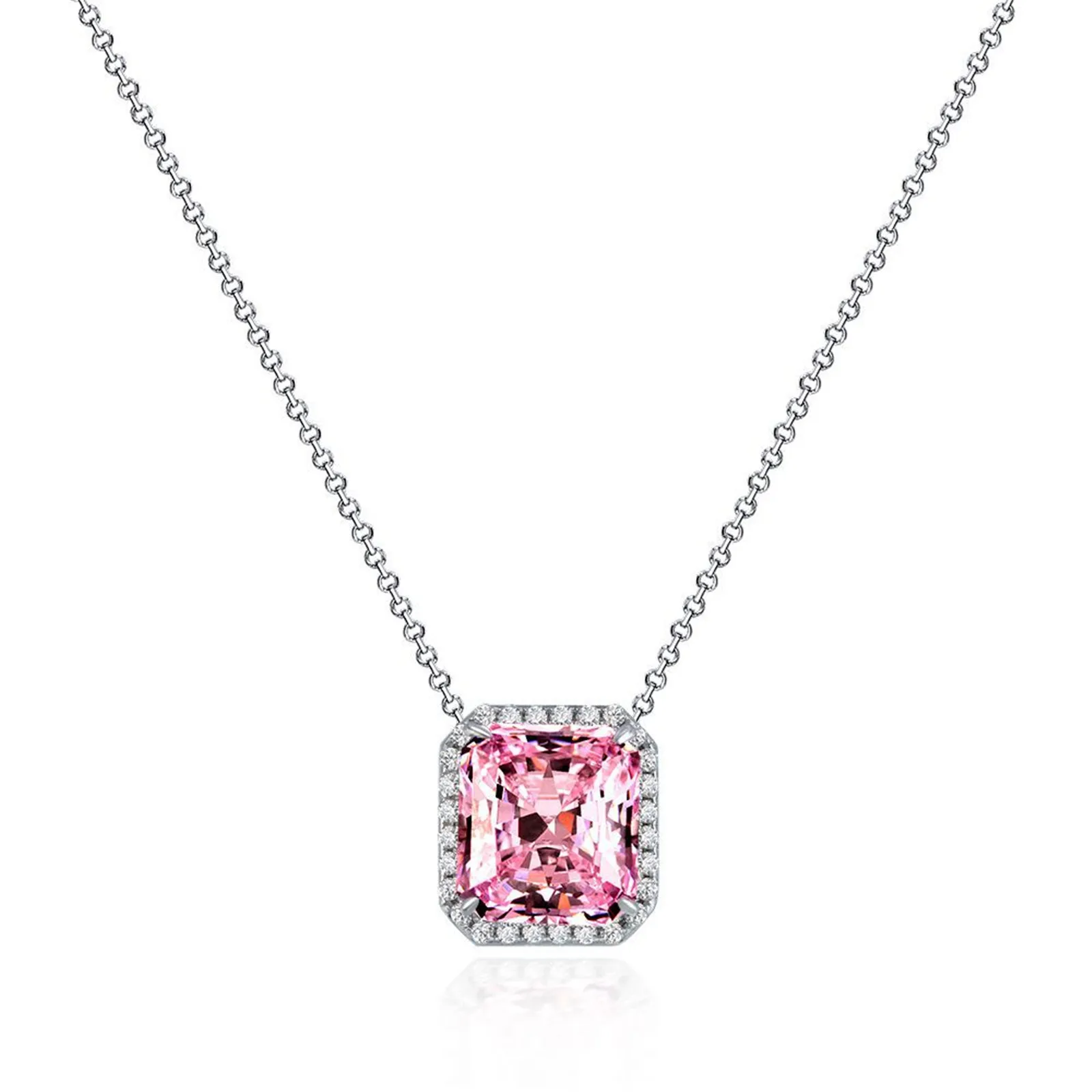 

Pink Diamond Zircon Square Geometric Pendant Necklace for Women Teen Girls Romantic Jewelry Sterling 925 Silver Neck Chain
