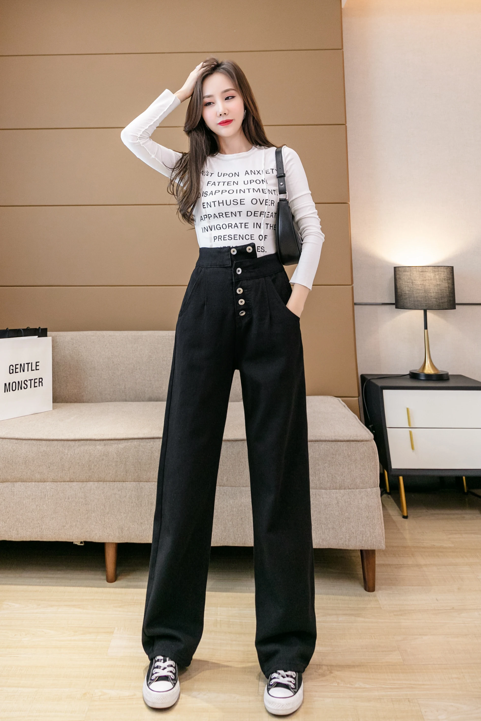 

2021 Spring New White One-Shoulder Denim Overalls Female Korean Version Loose Age-Reducing High-Waist Straight Wide-Leg Pants