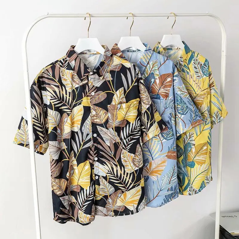 

Mens Hawaiian Shirt Male Casual Floral Leaves Printed Beach Shirts Short Sleeve Brand Clothing Free Shipping Asian Size M-3XL