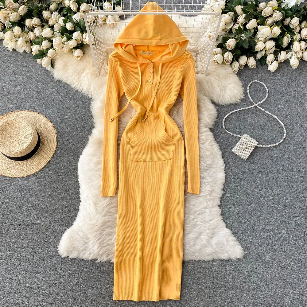 

B742 Women 2021 Autumn and Winter New Fashion Retro Hooded Long Sleeve Knit Sweater Dress Thin Slim Solid Color Vestidos