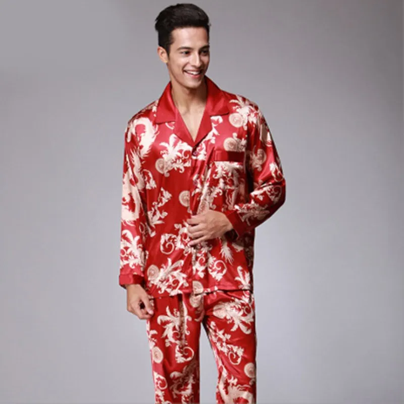 Men's Stain Silk Pajama Set Long Sleeve Trousers Sexy Nightwear for Men Luxury Men Clothes Wine Red Black Men Pajamas