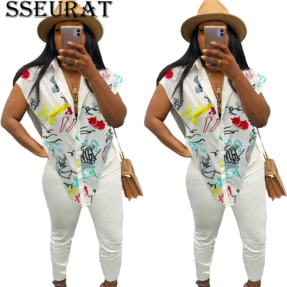 

SSEURAT Women Set Print Short Sleeve Turn-down Collar Single Breasted Tops Pants Suit Casual Fashion Streetwear Summer Outfit
