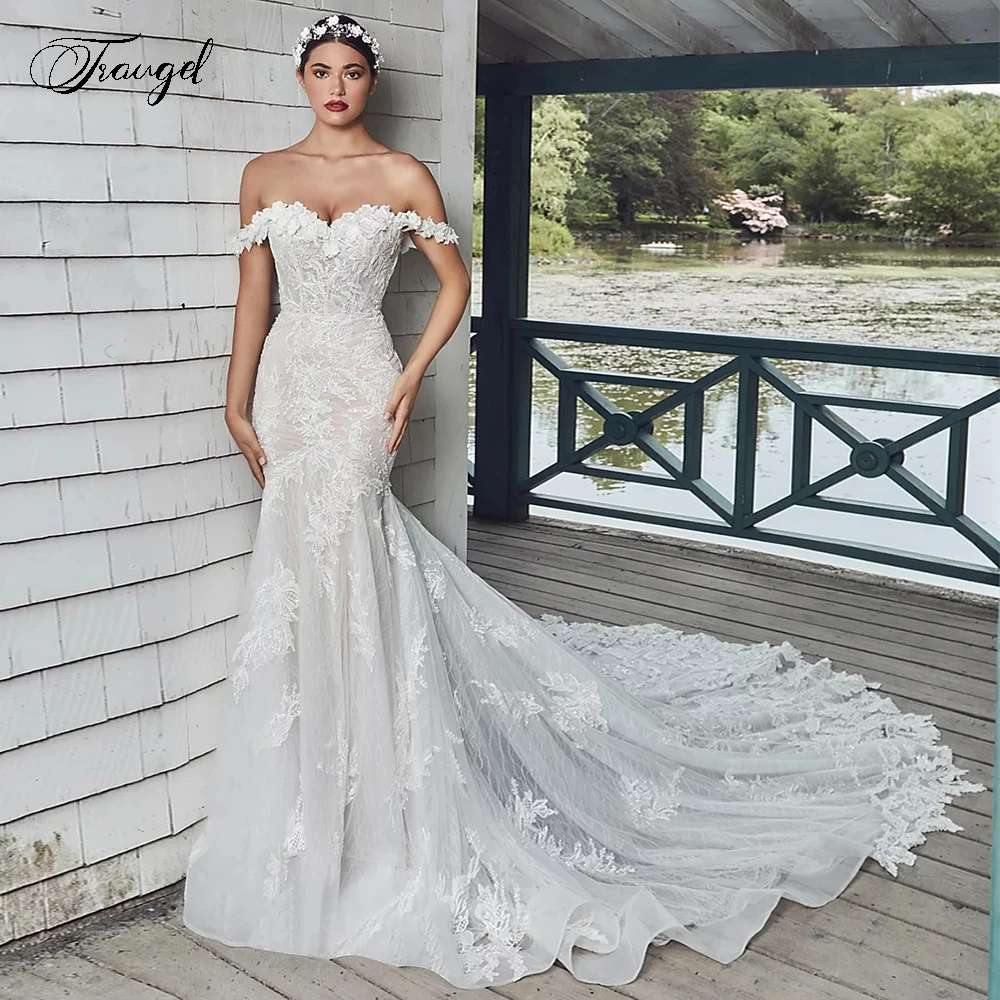 

Traugel Sexy Boat Neck Backless Vintage Lace Mermaid Wedding Dress Elegant Appliques Flowers Cathedral Train Trumpet Bridal Gown