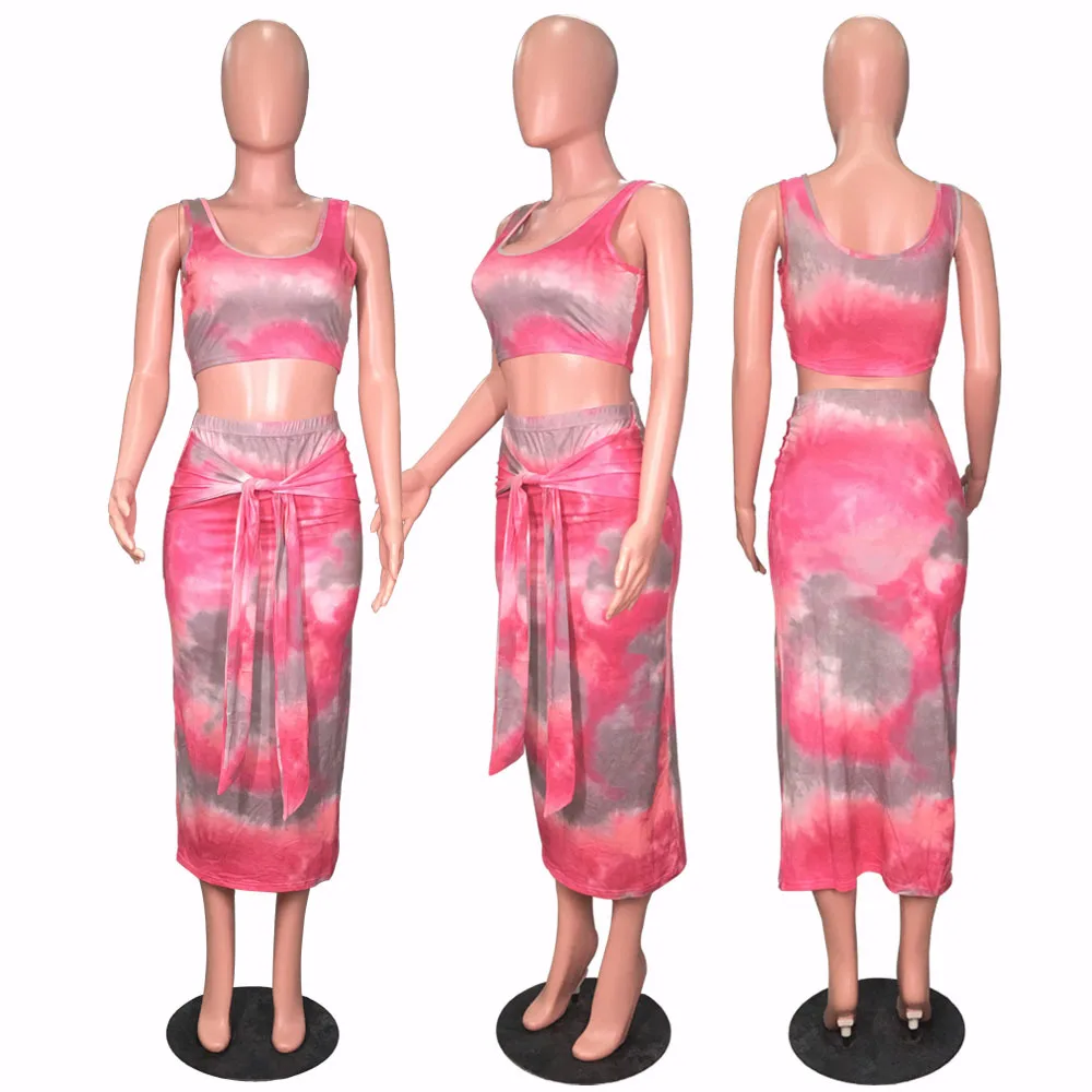 

Pink Tie Dye Print Women 2 Piece Set Sexy Sleeveless Backless Tank Top & Lace Up Slim Midi Skirt Suit Summer Club Party Outfits