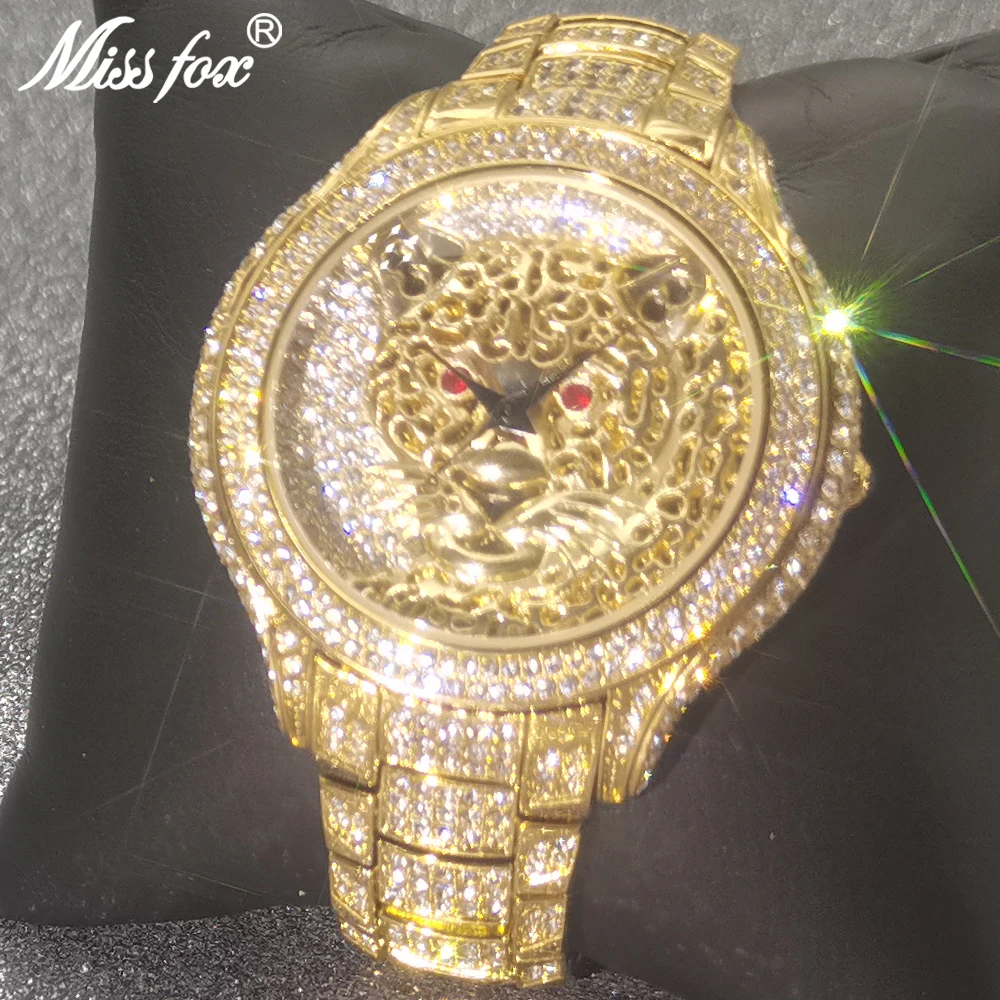 Top Brand MISSFOX Mens Watches Luxury Tiger Hip Hop Quartz Wristwatch 18K Gold Iced Out AAA Bling Male Clocks Relógio masculino