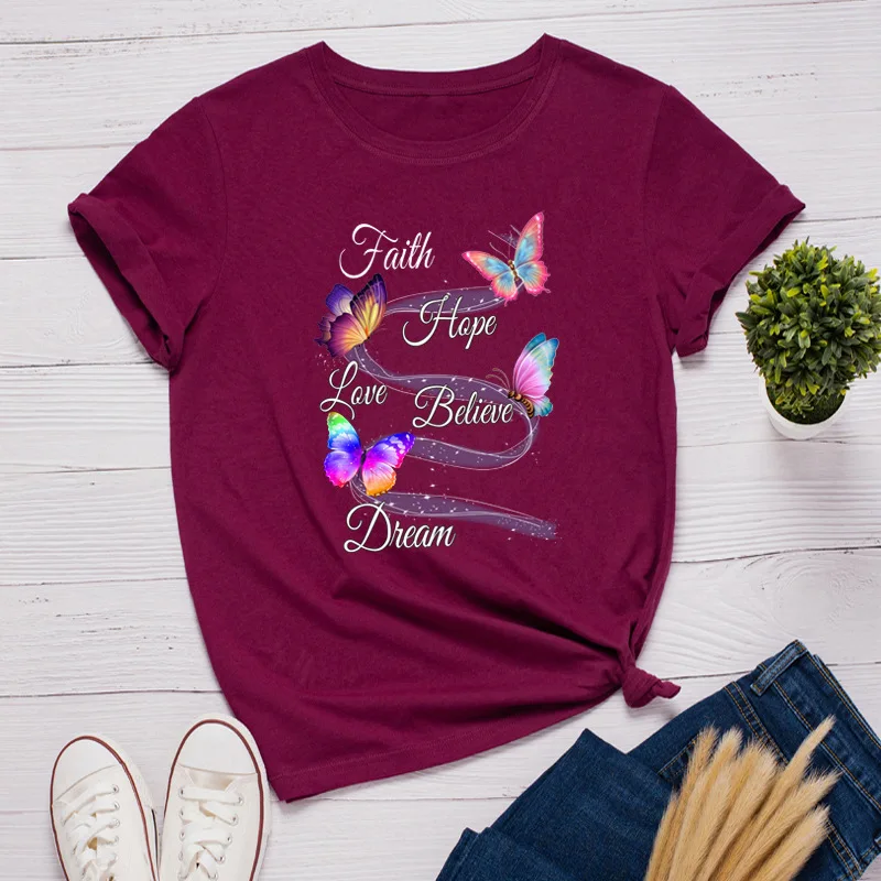

Beautiful Butterfly Graphic Tee Faith Hope Love Believe Dream Letter Print T Shirts Summer Cotton Tshirt Tops for Women