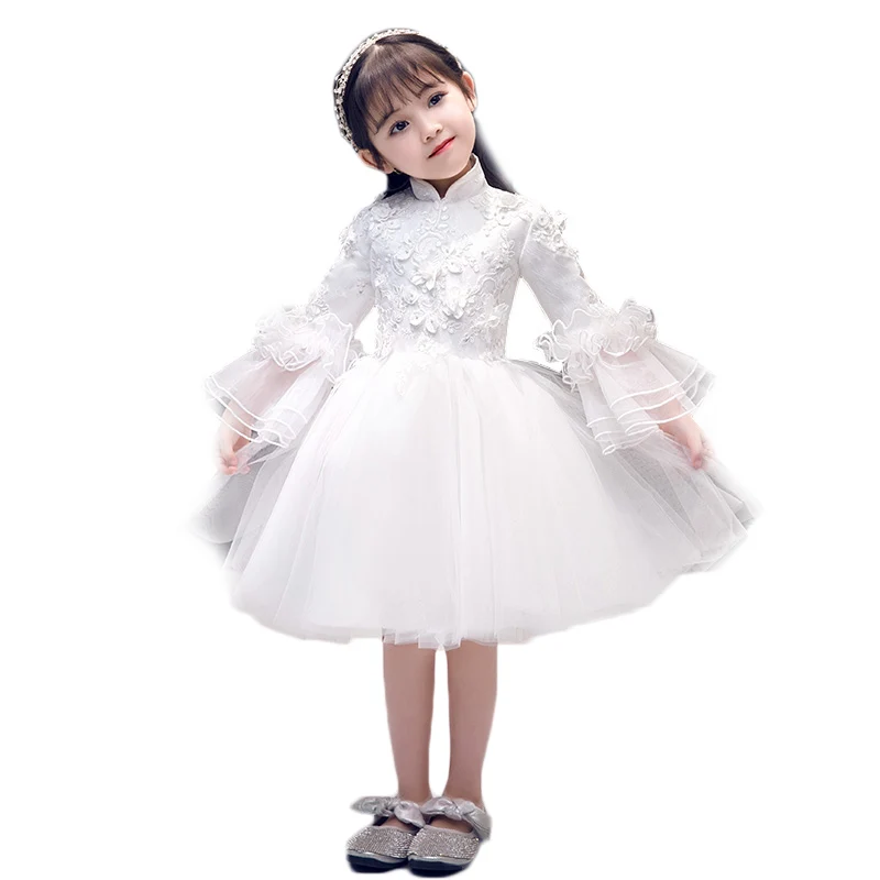 

2-12 Years Old Flower Girl Dresses for Wedding Flare Sleeve Turtleneck Appliques Princess Birthday Party Dress