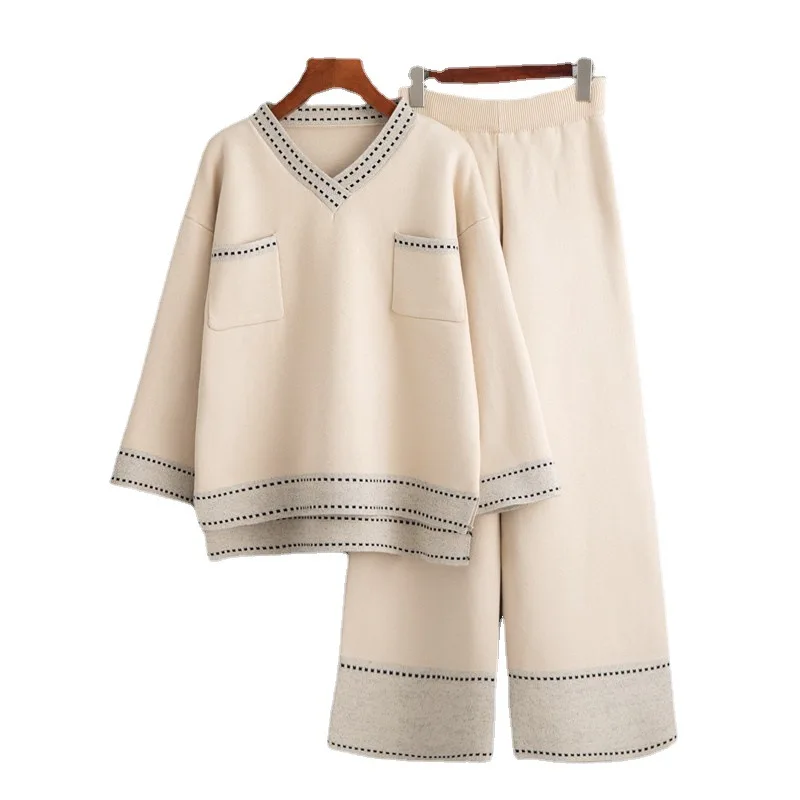 

Two Piece Set Women's Winter New Solid Fashion Knitted Sweater and Wide Leg Pants Loose Pants Sets Warm Jogging Outfits 2021
