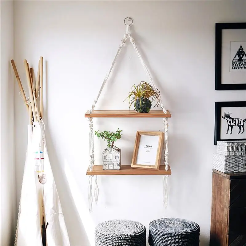 

Bohemian Style Hemp Rope Decorative Pendants Nordic And-Woven Cotton Rope Rack Shelf Wall Hanging Home Bedroom Retro Decorations