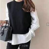 qooth ins womens loose blouse knitting vest two pieces clothing set autumn loose blouses casual female tops qt233