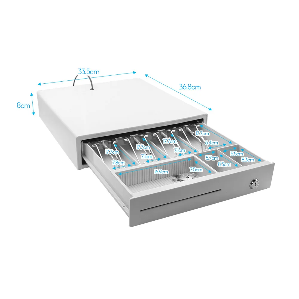 

Heavy Duty Cash Drawer Four-Grid Three-Gear POS Cash Register Drawers Cashbox with Money Tray and Lock RJ11 Interface