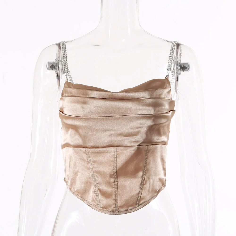 DEWADBOW Для женщин шелковый атлас Летние Элегантные майки металлическими цепочками