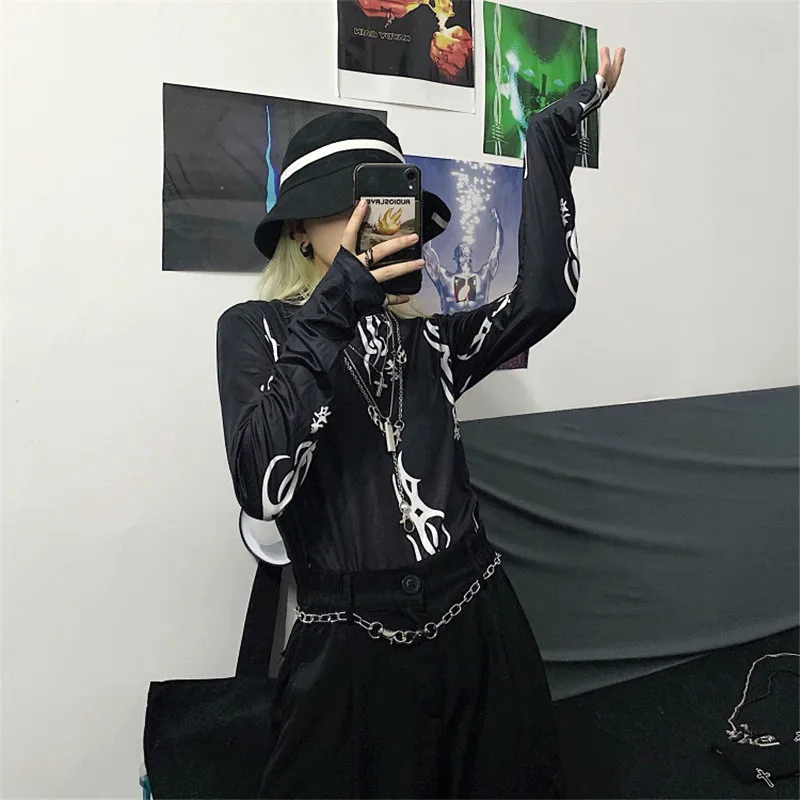NYOOLO Harajuku Дизайн Символ печати водолазка рубашка осень уличная тонкая футболка с длинными рукавами женская одежда Топ