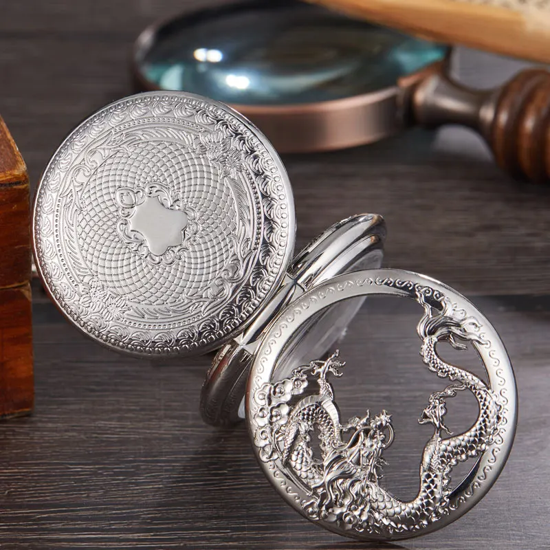 Luxury Sliver Steampunk Skeleton Chinese Flying Dragon Mechanical Pocket Watch Chain Pendant Mechanical Hand Wind Men Fob Watch