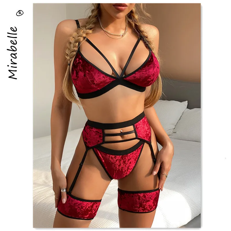 

MIRABELLE Velvet Erotic Lingerie Set Woman 3 Pieces Sensual Wireless Bra Thongs Exotic Sets Short Skin Care Kits Sexy Underwear