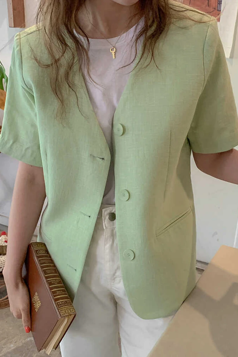 

Korean Chic Summer Green Blazer Feminino Women Jacket Skin V-neck Loose Button Thin Hemp Cotton Short Sleeve Suit Coat