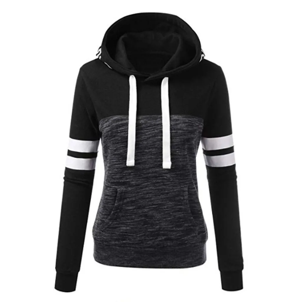

Autumn And Winter Women Long Sleeve Splice Pullover Hoodies Pocket Sweatshirt Stitching Drawstring Casual Coat Tops Hoodies